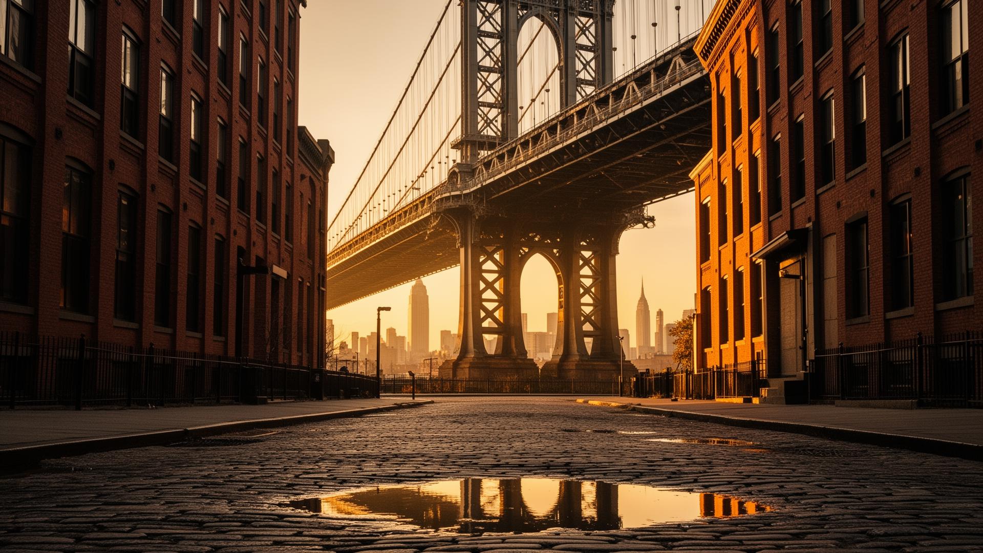 The Manhattan Bridge framing the Empire State Building, viewed from a cobblestone street in DUMBO Brooklyn